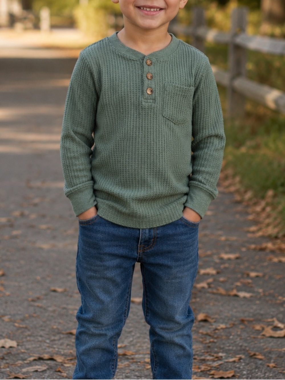 Andy & Evan Boys Sage Green Waffle Knit Henley Top Size 4 Long Sleeve